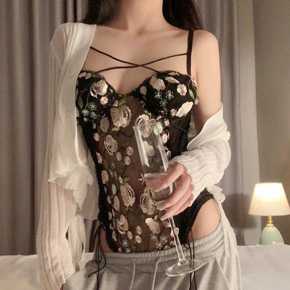 Romantic Floral Embroidered Sheer Lace Bodysuit - BLACK - Picture 1 of 7